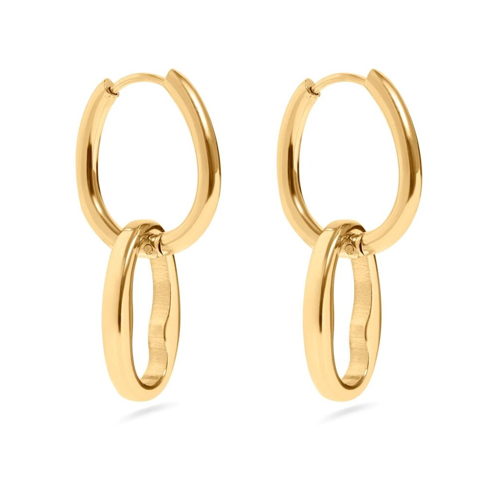 Earrings Gold Oval dangle interlocked, Wear In shower Waterproof no tarnish
